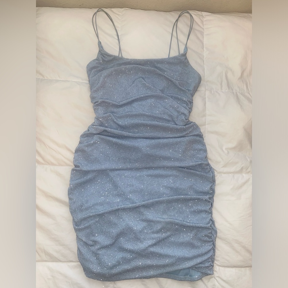 B. Darlin Light Blue Short Glitter Spaghetti Strap Mini Party Dress